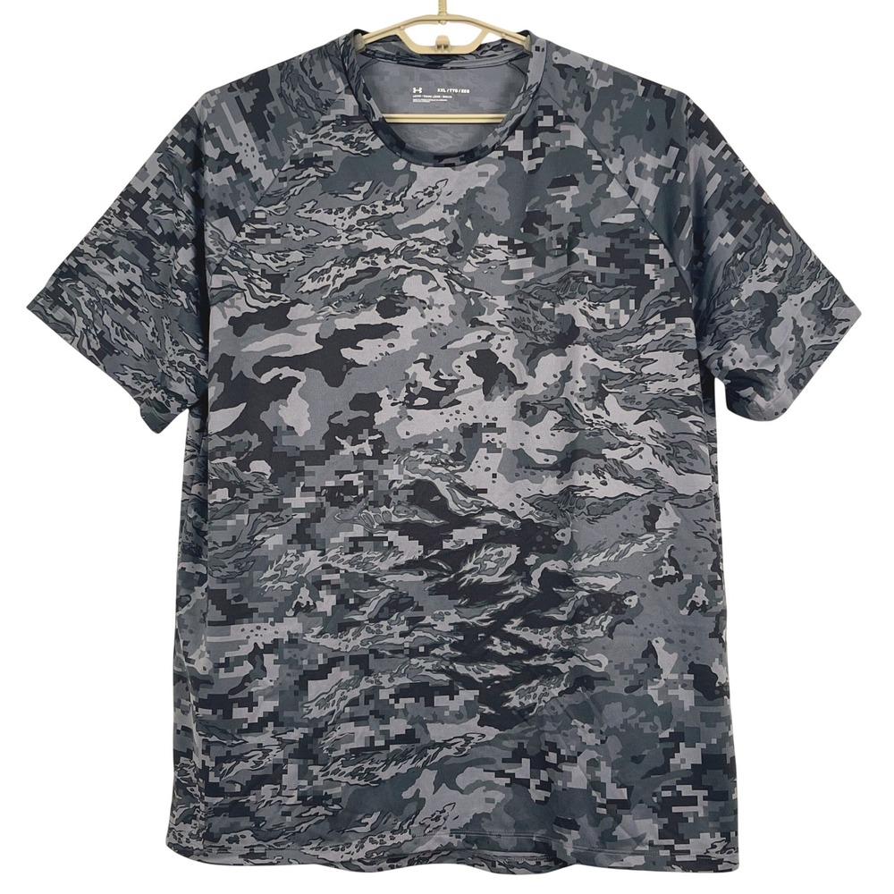 Under Armour Men Tech Tee XXL Grey Digital Camo Raglan Sleeve Loose Fit Tactical